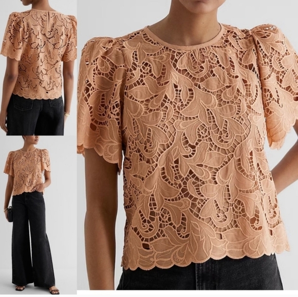 NWOT Express Embroidered Crochet Puff Sleeve Top - Picture 10 of 10